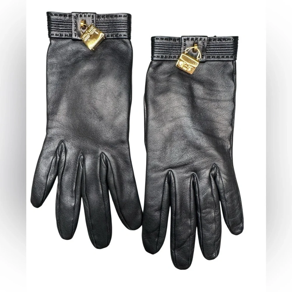 Hermes Kelly Constance Gold Amulette Black Lambskin Leather Gloves Size XS 6.5